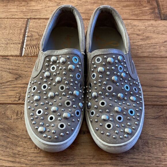 SAM Edelman Paven Embellished Studded Slip-On Sneakers in Taupe Suede Size 6 - Picture 3 of 10